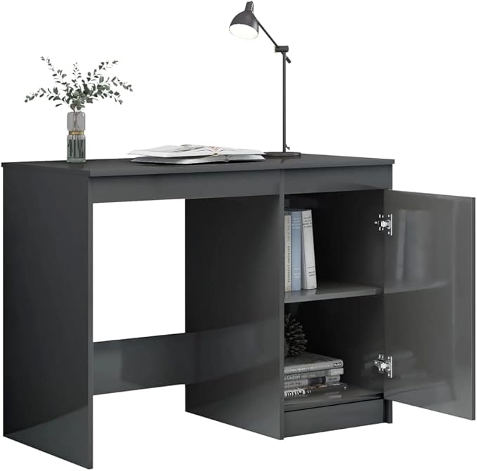 Modern Writing Computer Desk, Home Office Desk Writing Study Table PC Desk Workstation for Bedroom, High Gloss Gray 39.4"x19.7"x29.9" Engineered Wood(J)