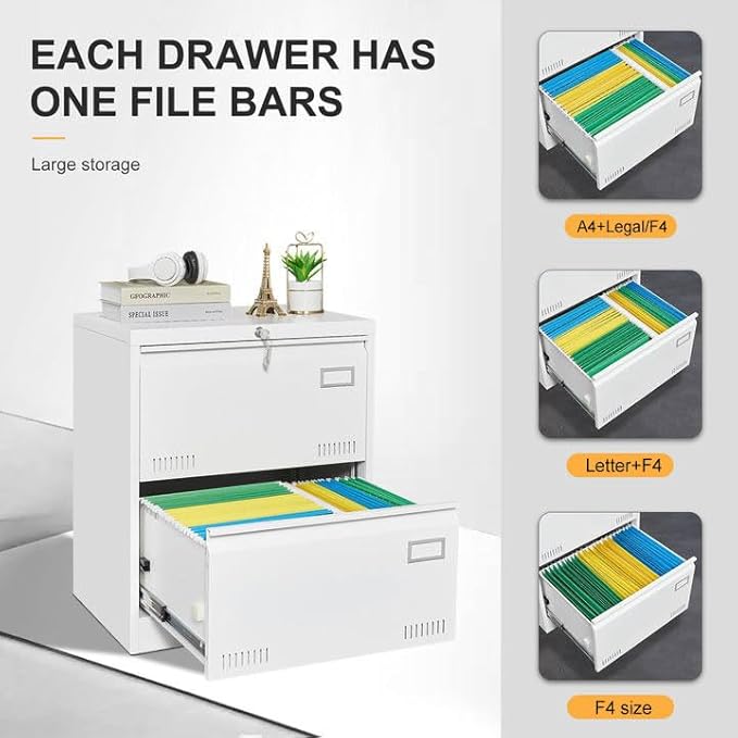 GREATMEET 2 Drawer Lateral File Cabinet,Lateral Filing Cabinet with Lock,Metal Lateral File Cabinet for Letter/Legal/F4/A4 Size with Hanging Bars,White
