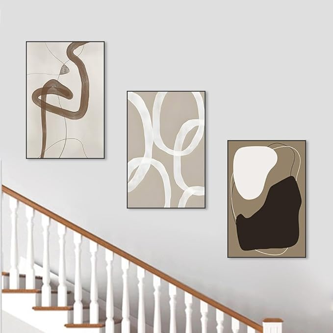 Wall Art Framed Canvas Print Set Paint Strokes Abstract Shapes Illustrations Minimalism Bohemian Black White Grey Modern Style Art Decor 24 "X 32" X 3 Panels Aesthetic Living Room Bedroom Office