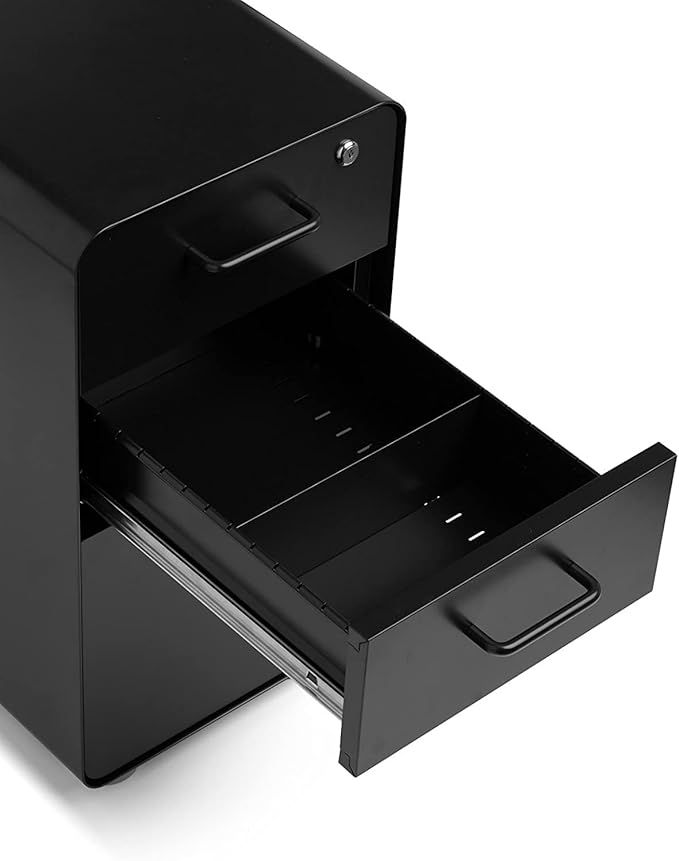 Poppin Slim Stow 3-Drawer File Cabinet - Black. 2 Utility Drawers and 1 Vertical Hanging File Drawer. Fully Painted Inside and Out. Powder-Coated Steel. Two Keys Included