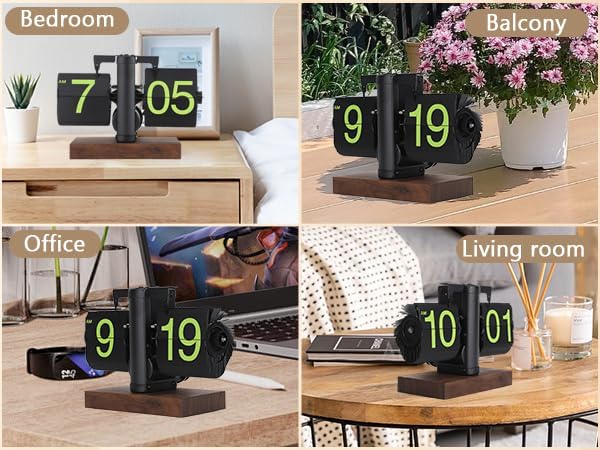 FOSA Flip Desk Clock, Retro Vintage Flip Desk Table Clock, Digital Sided Large Numbers Mechanical Flip Clock Wood Base for Living Room, Study Room and Office（Frosted Black）