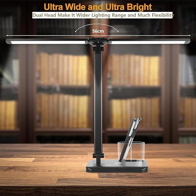 LED Desk Lamp with Dual Heads – 5 Colour Modes & 10 Brightness Levels, Adjustable Reading Light for Home Office, Bedroom, Study, and Craft (Black, Includes Adapter)