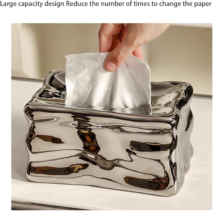 Stylish Tissue Box Ceramics Square Tissue Box Reusable Tissue Box and Tissue Holder Napkin Dispenser for Home Office Restaurant Desks Gifts Modern Tissue Box (Color : Silver) (White)