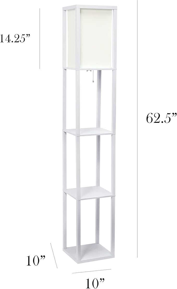 Simple Designs LF1014-WHT-LB Three Shelf Etagere Organizer Storage Floor Lamp with White Linen Shade for Living Room, Bedroom, Office, Hallway, White, with Feit LED Bulb Included