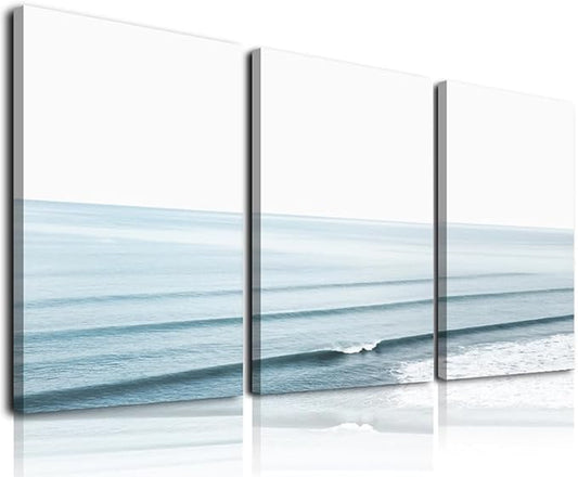 KBKBART Framed Canvas Wall Art Prints Ocean Wall Art Set of 3, Beach Wall Decor,Modern Waves Print Coastal Artwork for Walls, Beach Blue Sea Poster for Bathroom, Bedroom Decor - 12"x16"