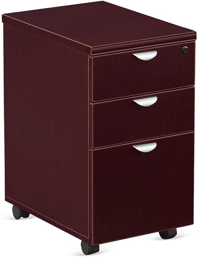 NBF 16" W Office Files Pedestal Cabinet - Three Drawer File Cabinet with Lock - Mahogany Laminate Office Filing Cabinets - Esquire Modern Mobile File Cabinet Document Storage (22" D x 16" W x 28" H)