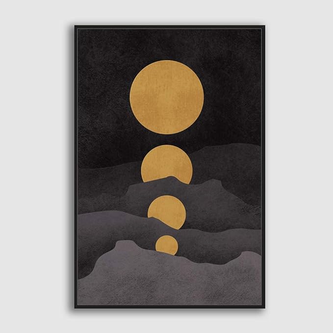 SIGNFORD Framed Canvas Print Wall Art Golden Moons in Dark Landscape Abstract Wilderness Illustrations Modern Art Scenic for Living Room, Bedroom, Office - 24"x36" Black
