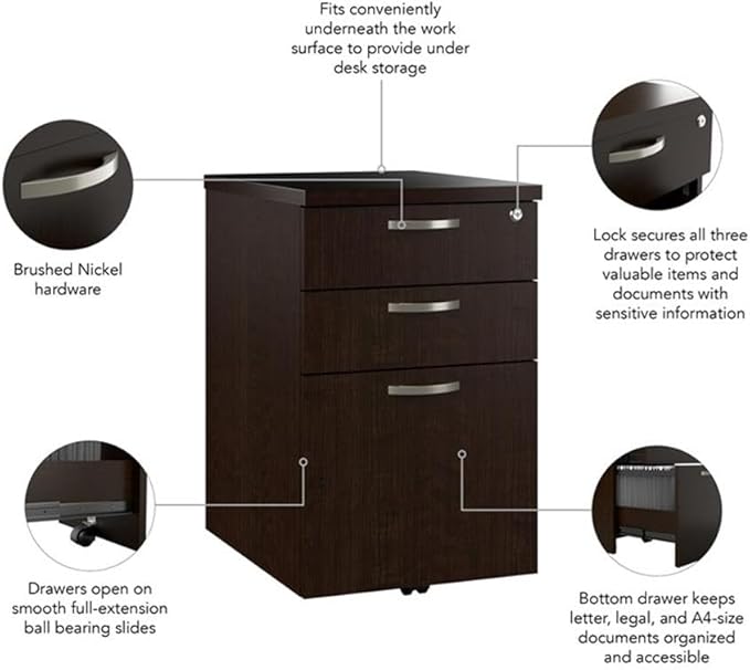 Bush Business Furniture Office in an Hour 3 Drawer Rolling File Cabinet in Mocha Cherry | Mobile Under Desk Drawers for Letter, Legal, and A4-Size Document Storage