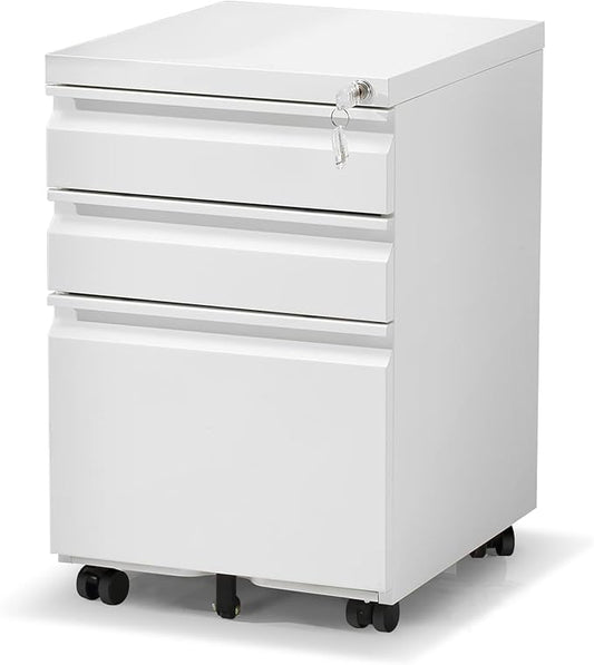 SoarFlash 3 Drawer File Cabinet with Lock Rolling Metal Filing Cabinet for Home Office, Under Desk Mobile File Cabinet with Wheels, White