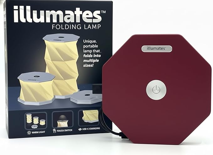 Origami Expanding Foldable LED Desk Lamp – USB Rechargeable & Portable - Dimmable Touch Control Light with Adjustable Height up to 5 1/2 for Office, Travel, Bedside - Sleek & Modern Design (Wine)