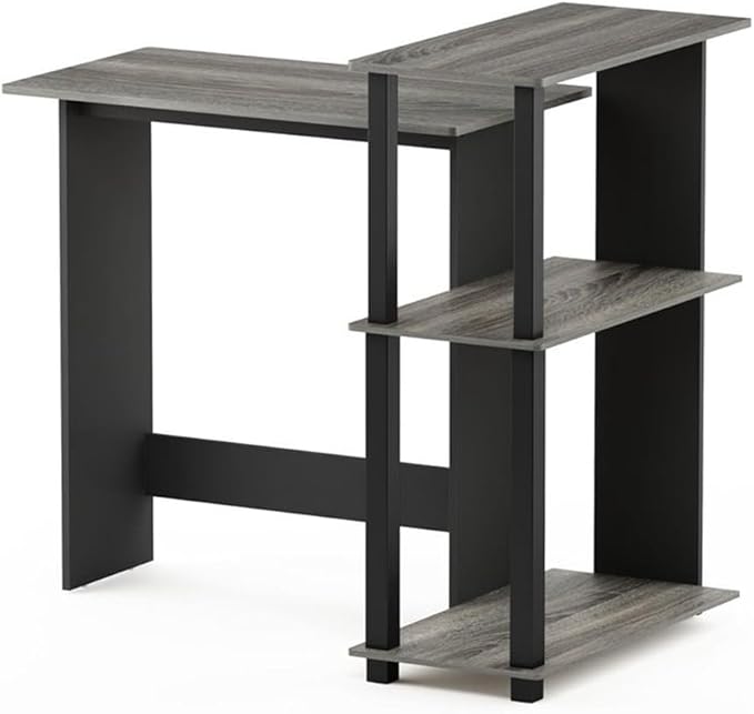 Furinno Abbott Corner Computer Desk with Bookshelf, French Oak Grey/Black