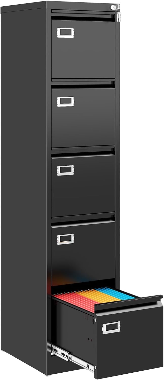 5 Drawer File Cabinet, Black Metal Filing Cabinets with Lock Name Card Holder, Metal Vertical Filing Cabinets for Home Office, Steel Storage Cabinet fits Letter/Legal/A4 Size(Assembly Required)