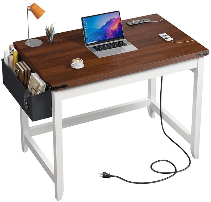 EnHomee 32 Inch Small Desk with Storage Bag Detachable, Gaming Desk with Power Outlet, Modern Simple Home Office Desk and Writing Desk for Small Spaces, Study Desk for Bedroom, Brown & White