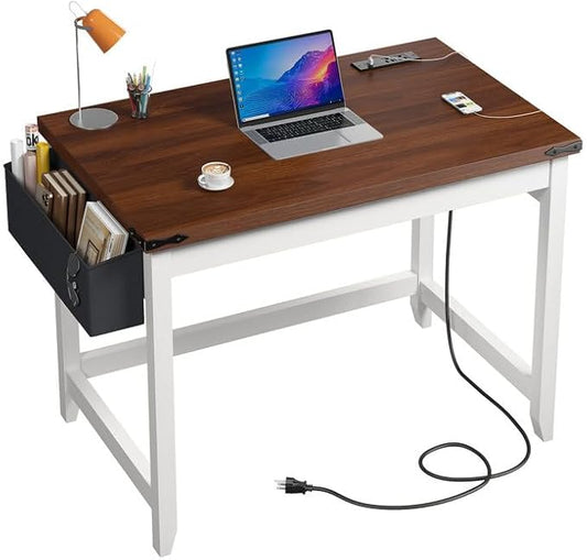 EnHomee 32 Inch Small Desk with Storage Bag Detachable, Gaming Desk with Power Outlet, Modern Simple Home Office Desk and Writing Desk for Small Spaces, Study Desk for Bedroom, Brown & White