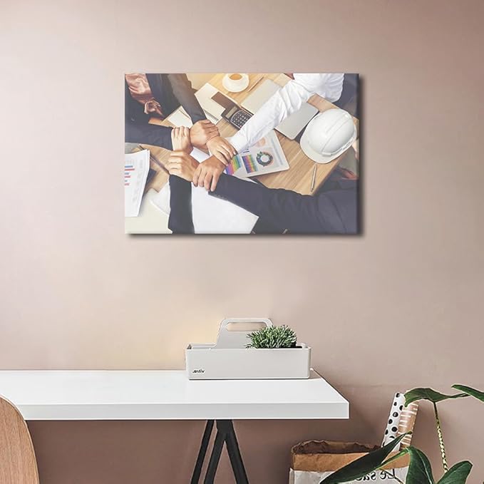 1 Panel Canvas Wall Art Businessman and Engineer Working Hands of Business People Joined Hands Together In Office Meeting Picture Modern Decor Poster Canvas Print Frame Ready To Hang (12"Wx18"H)