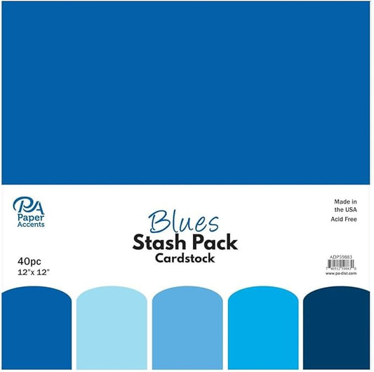 PA Paper Accents Stash Pack Cardstock Pack 12" x 12" Blues colored cardstock paper for card making, scrapbooking, printing, quilling and crafts, 65lb., 40 pieces