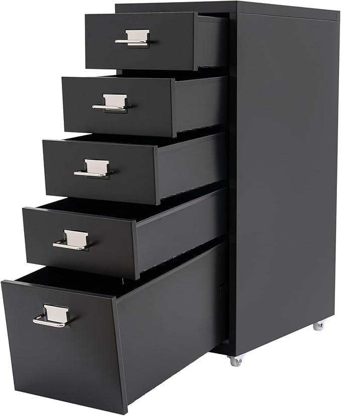 Metal File Storage Cabinet, 5 Drawer Vertical Filing Cabinets with Wheels Under Desk Storage Drawers, 11 * 16.1 * 27.1in Mobile File Cabinets Under Desk Cabinet for Bedroom, Office (Black)