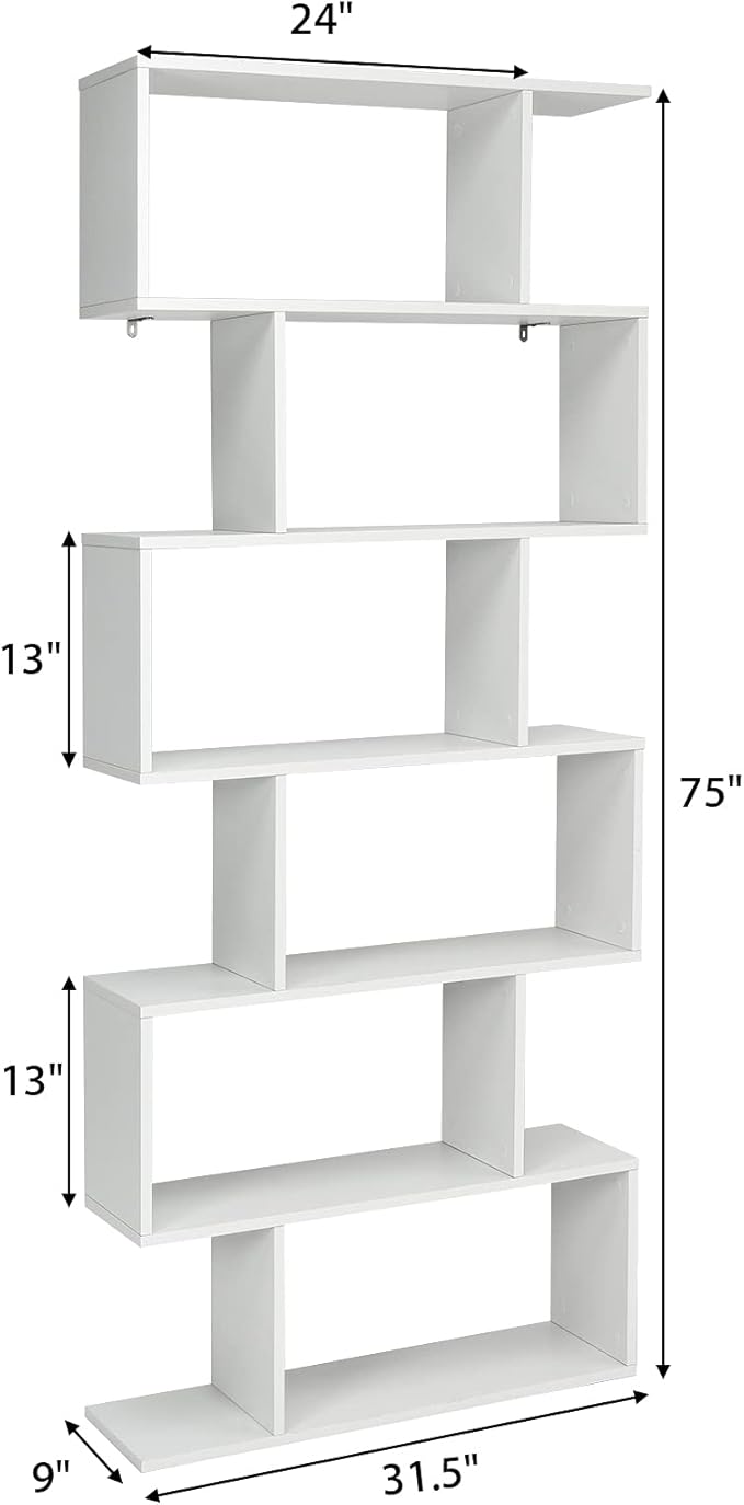 Tangkula 6-Tier Geometric Bookcase, Modern S-Shaped Storage Display Bookshelf for Living Room, Anti-Toppling Device, Home Office Wooden 6 Shelf Open Bookcase (1, White)