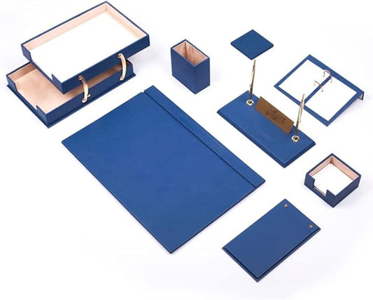 Leather 10 Pieces Desk Set with Double Document Tray Desk Organizer Office Accessories Desk Accessories Office Desk Pad Pen Box (A)