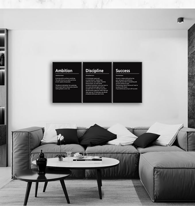 Motivational Quotes Canvas Wall Art Inspirational Discipline 3 Pieces Poster Print Motivational Ambition Success Noun Picture Painting Framed Artwork for Office Living Room Wall Decor[60" W X 28" H]