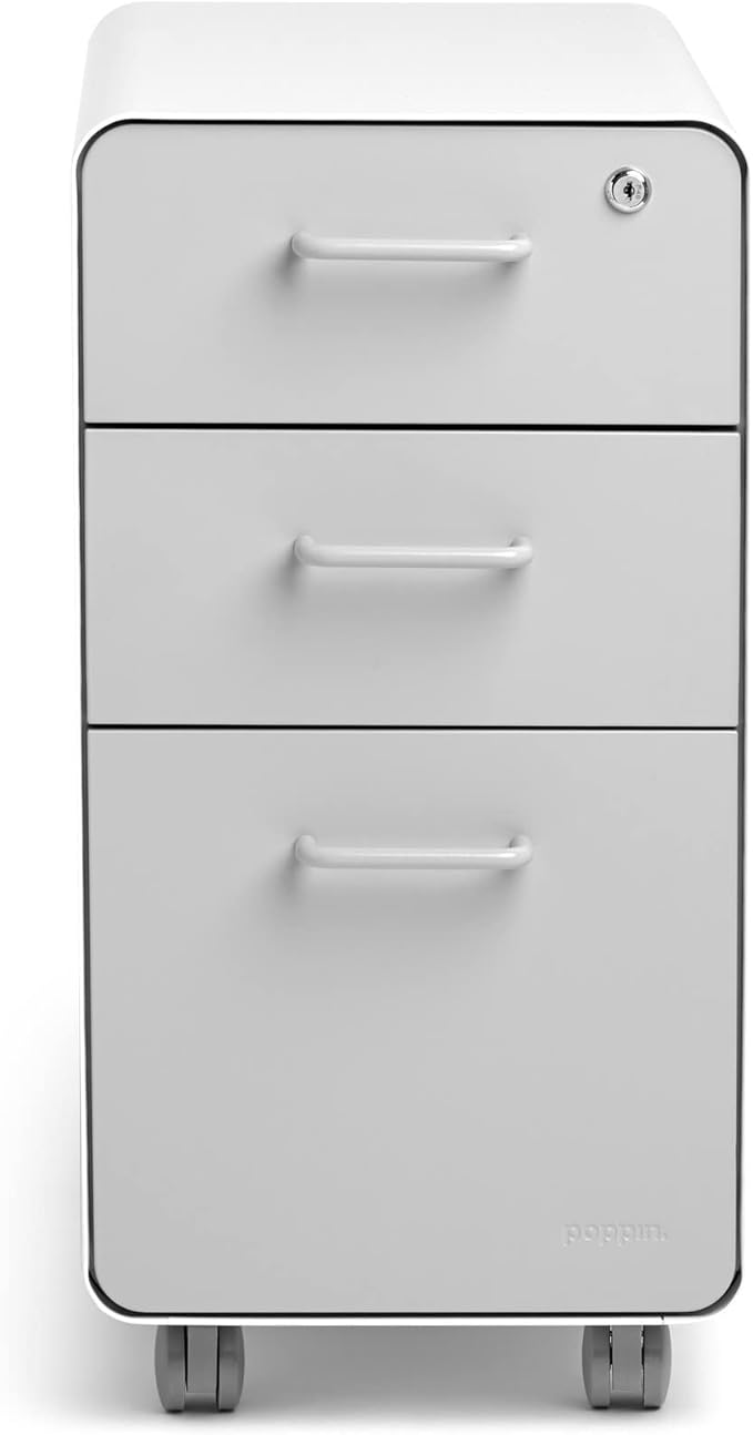 Poppin White + Gray Slim Stow 3-Drawer Rolling File Cabinet, One Lock Secures All Drawers, Durable Powder-Coated Steel Construction, Stay Organized and Keep Documents Safe, 12.5" x 20" x 25"