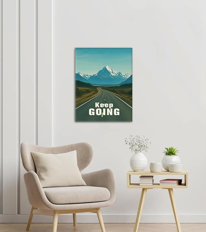 Keep Going Canvas Wall Art - Motivational Landscape Print with Stretching Highway and Snowy Mountains, Inspirational Landscape Artwork for Office Home Living Room Wall Decor, Framed 18"x24"