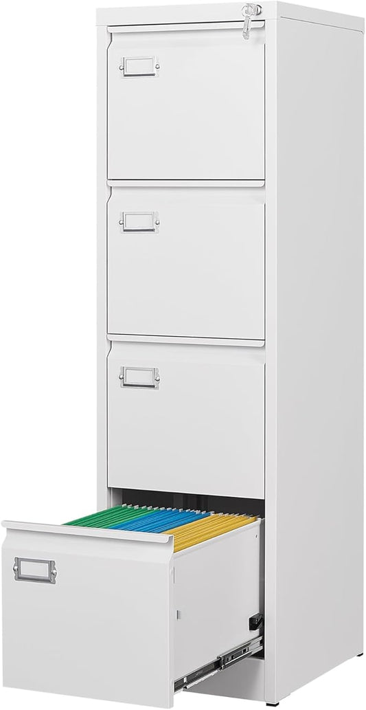 STANI Metal Vertical File Cabinet with Lock，Narrow Filing Cabinets Hanging Files Letter/Legal/A4 Size, Metal Storage Cabinet for Home Office, Assembly Required (White, 4-Drawer)