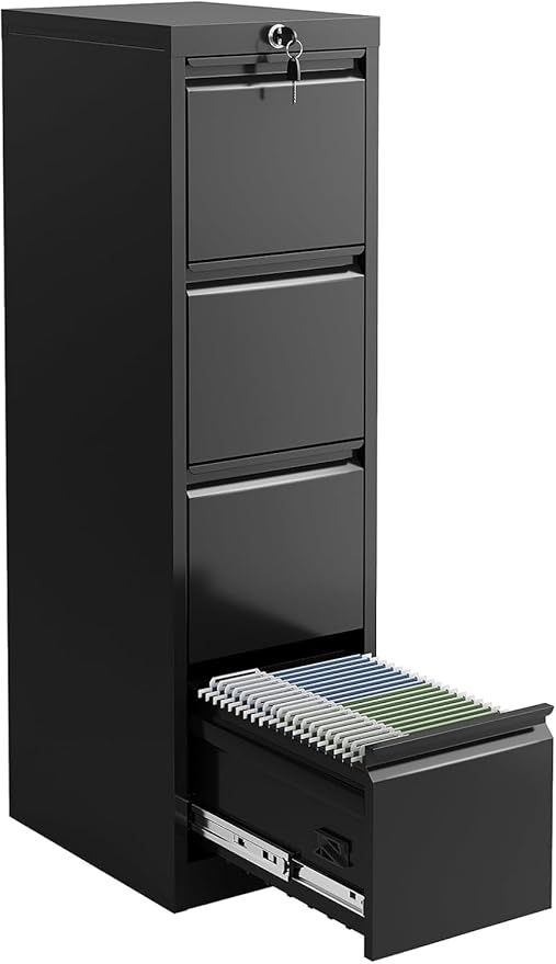 4 Drawer File Cabinet with Lock,Heavy Duty File Storage Cabine,Metal Vertical File Cabinet Office Home Vertical File Cabinet for A4 Legal/Letter Size Narrow File Cabinet Locked