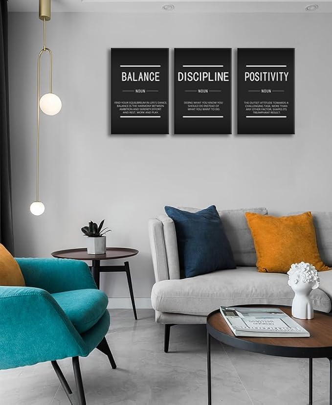 Balance Discipline Positivity Noun Inspirational Painting Wall Art 3 Pieces Canvas Print Office Wall Decor Poster Framed Motivational Quotes for Wall Art Home Living Room Gym Decor[48''Wx 24''H]