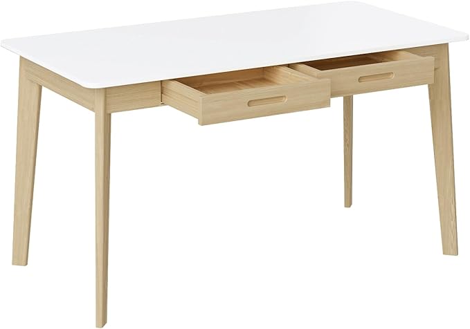47 Inch Compact Computer Gaming Desk, White Study Work Office Desk with 2 Storage Drawers, Rectangular Study Reading Table, Simple Computer Writing Table for Home Office, Living Room