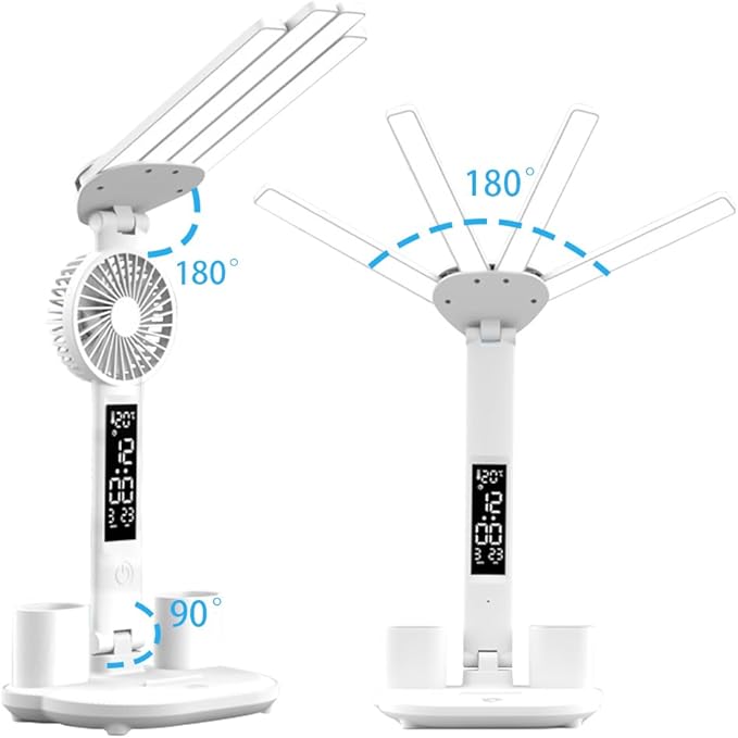 Foldable Led Desk Lamp with Fan Clock Light Study, 3 Lighting Modes, Adjustable Table Lamp Dimmable Eye Caring Reading Lamp for Home Office College Dorm Bedroom Bedside