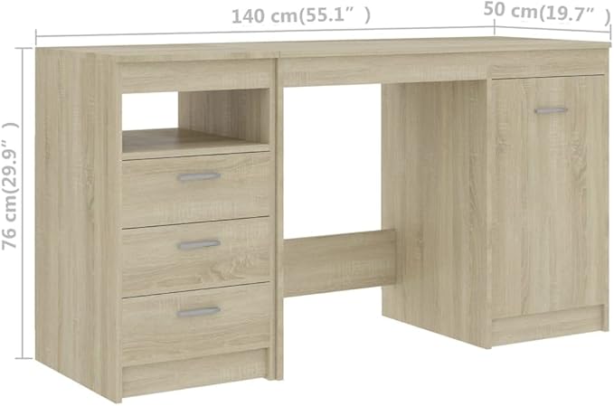 Modern Writing Computer Desk with 3 Drawers and 1 Door, Home Office Desk Writing Study Table PC Desk Workstation for Bedroom, Sonoma Oak 55.1"x19.7"x29.9" Engineered Wood(H)