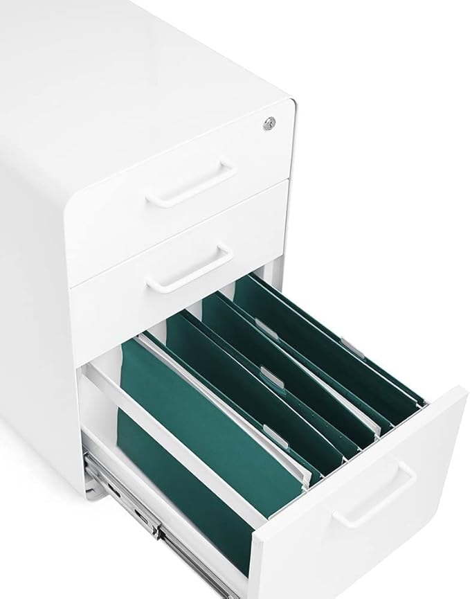Poppin Stow 3-Drawer Rolling File Cabinet - White. 2 Utility Drawers and 1 Hanging File Drawer. Two Locking and Two Non-Locking Wheels. Powder-Coated Steel. Two Keys Included