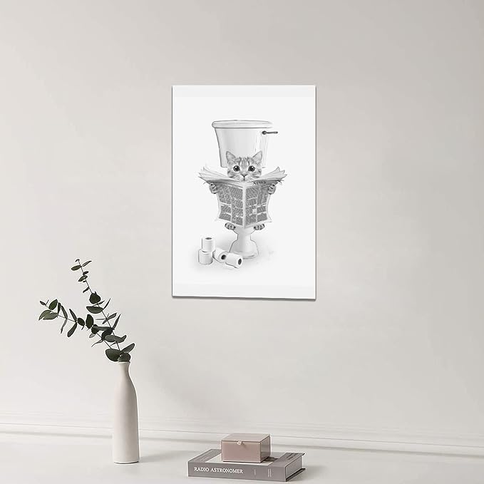 yerretin Funny Cat Bathroom Wall Art Black and White Cat Pictures Wall Decor Animal Bathroom Canvas Painting Modern Artwork Home Decorations Framed Ready to Hang 16"x24"