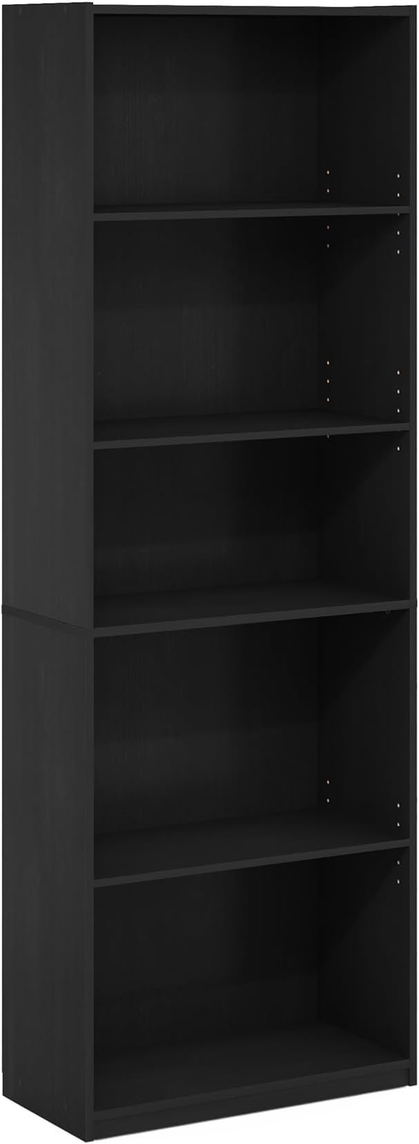 Furinno GEHRY Book Shelf, 5-Tier Bookshelf with Open Shelf, Standing Bookcase with Adjustable Shelves, 11.6 x 24.8 x 71.4, for Living Room, Bedroom, Home Office, Blackwood