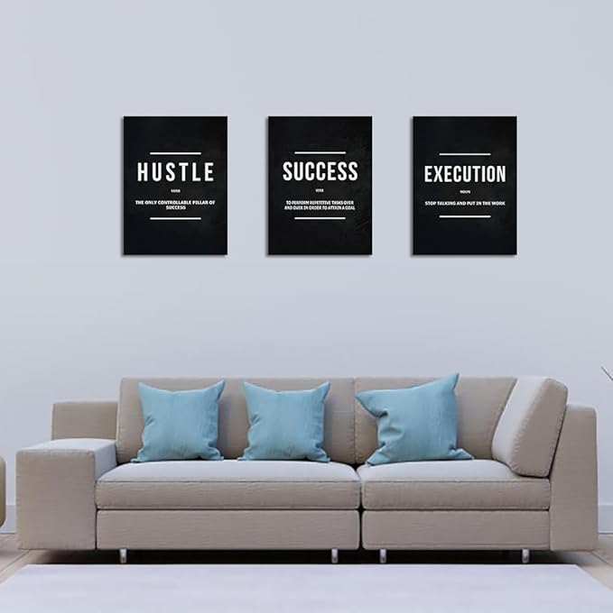 Unbruvo Hustle Success Execution Wall Art for Office, Inspirational Motivational Wall Decor, 3 Pieces Positive Quotes Canvas Wall Art for Entrepreneur Living Room Bedroom(48''Wx 24''H)