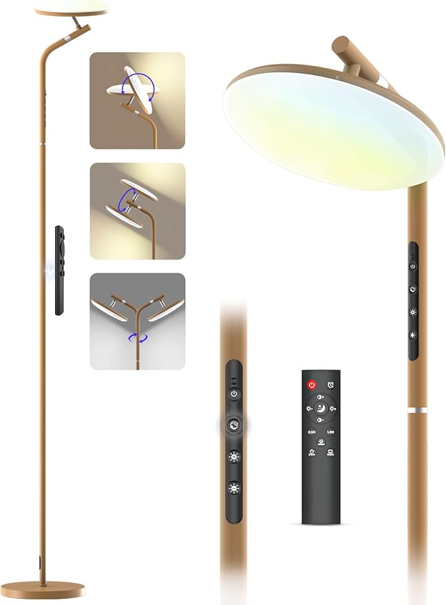 LED Floor Lamp, 36W Super Bright Standing Lamp with Remote & Touch Control, 69" Stepless Dimmable Torchiere Tall Lamp, 350° Rotating Head Floor Lamp for Bedroom, Living Room, Office, Brown