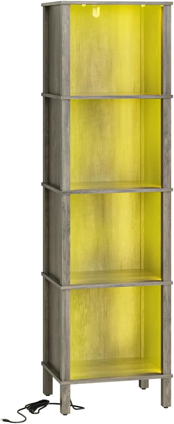 Book Shelf with LED Lights, Modern 4-Tier Bookcase, Open Storage Bookshelf, 11 × 14.2 × 50.4 Inches, Small Narrow Bookshelves for Living Room, Home Office, Bedroom, Gray