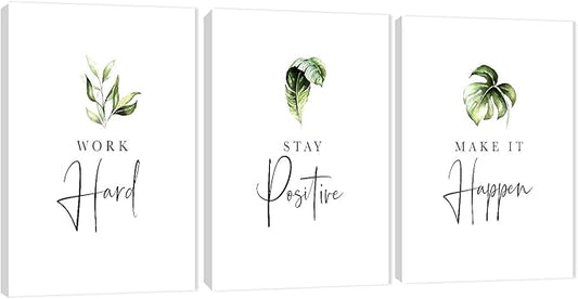 3 Piece Inspirational Wall Art, White Plants Sayings Picture, Quotes "Work Stay Make it" Canvas Prints for Office Decor, Triptych Entrepreneur Framed Artwork for Women Men Home Wall Decor (48"Wx24" H)