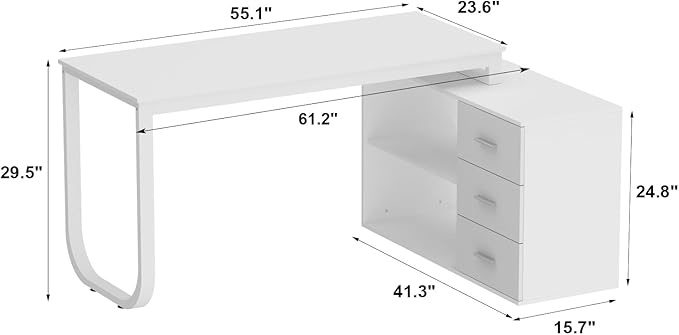 Homsee Home Office Computer Desk Corner Desk with 3 Drawers and 2 Shelves, 55 Inch Large L-Shaped Study Writing Table with Storage Cabinet - White