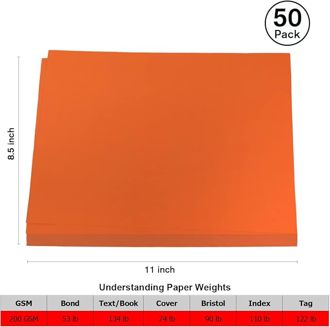 50 Sheets 8.5" x 11" Orange Cardstock, Heavyweight Cardstock Sheets Blank Invitation Paper Greeting Cards Printable, 75lb Cover 200 GSM