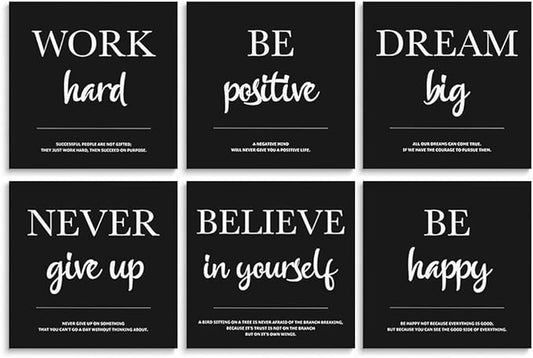 GUBIYU Framed Canvas Wall Art Positive Quote Poster, Black Inspirational Wall Decor Positive Motivational Set of 6 Prints,Work Hard Prints, Inspirational Wall Art Prints, Dorm Wall Decor Art 16"x16"