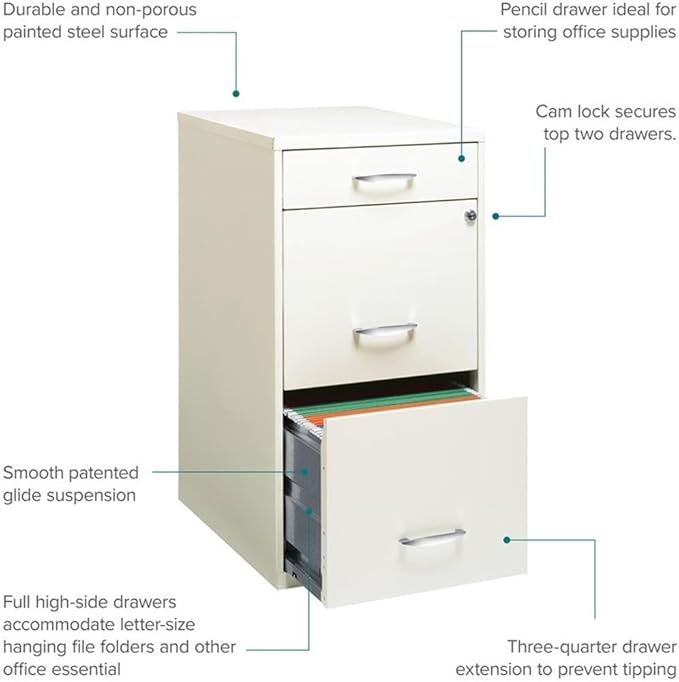 Pemberly Row Set of 5 Metal 3-Drawer Pearl White File Cabinet with Pencil-Drawer