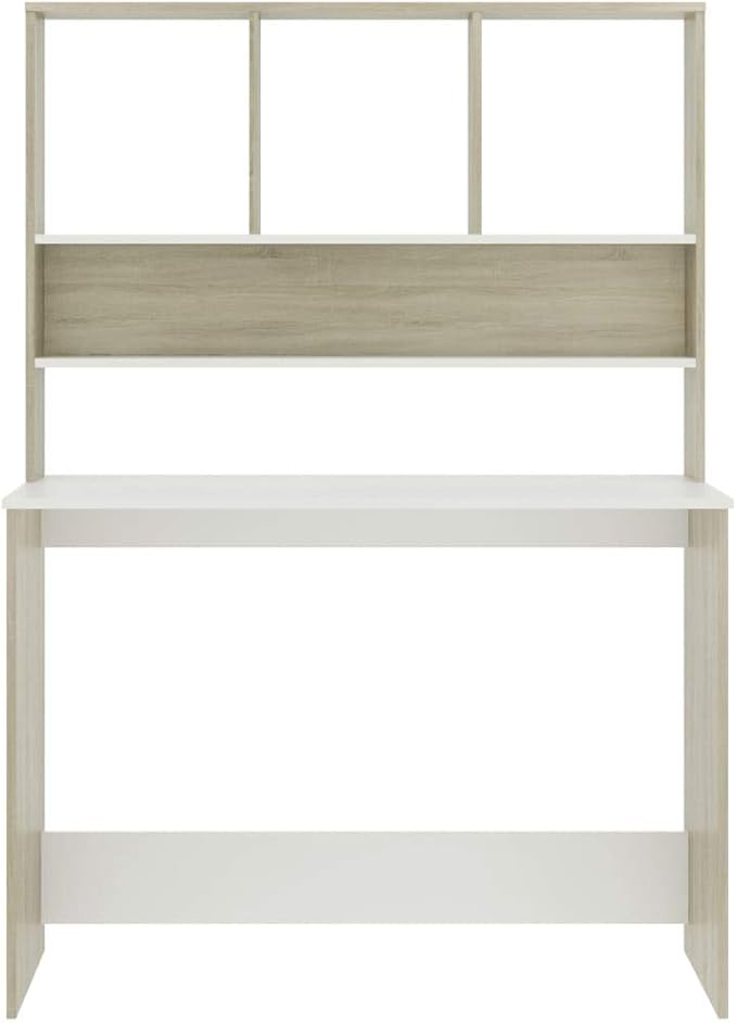 Modern Writing Computer Desk with Shelves and Upper Cabinet, Home Office Desk Writing Study Table PC Desk Workstation for Bedroom, White and Sonoma Oak 43.3"x17.7"x61.8" Engineered Wood(B)