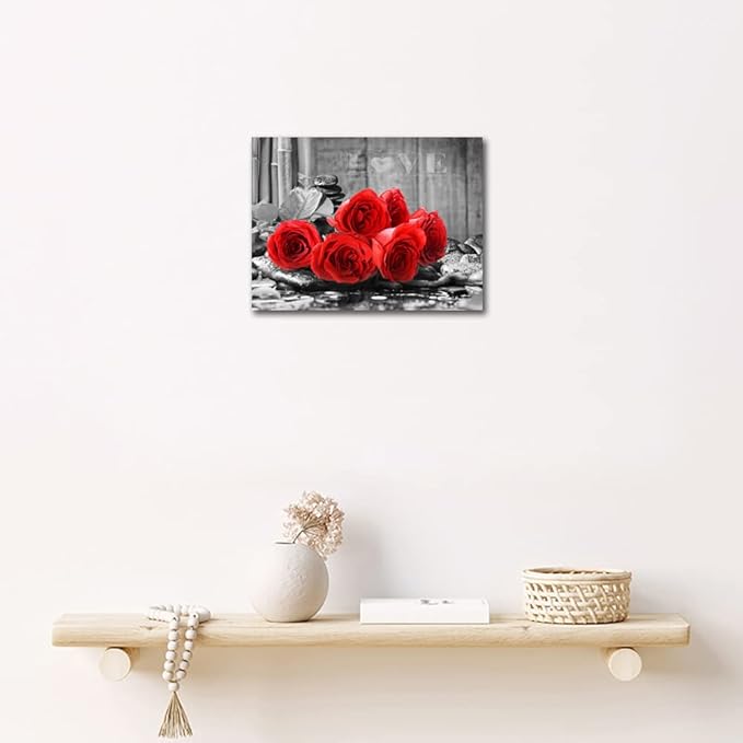 YMYXMC33 Red Rose Flower Picture Decor Wall Art Canvas Print Black and White Poster Country Love Decoration Bedroom Bathroom12x15