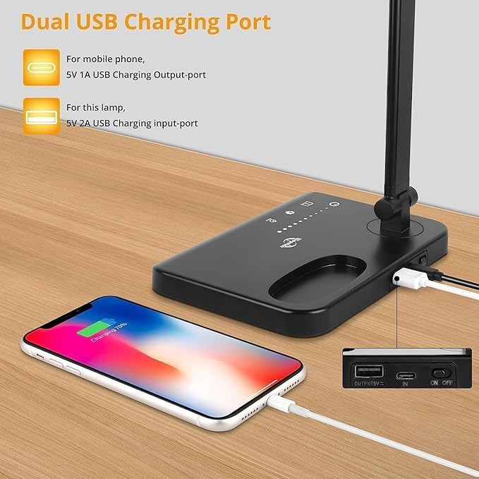 LED Desk Lamp with Dual Heads – 5 Colour Modes & 10 Brightness Levels, Adjustable Reading Light for Home Office, Bedroom, Study, and Craft (Black, Includes Adapter)