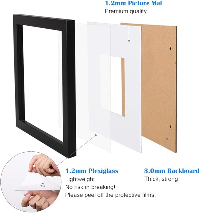Egofine 16x20 Solid Wood Poster Frame Matted for 11x14 and 12x16 Black - Acrylic Plexiglass Front for Wall Mounting Hanging Picture Frame Vertically or Horizontally, Set of 2