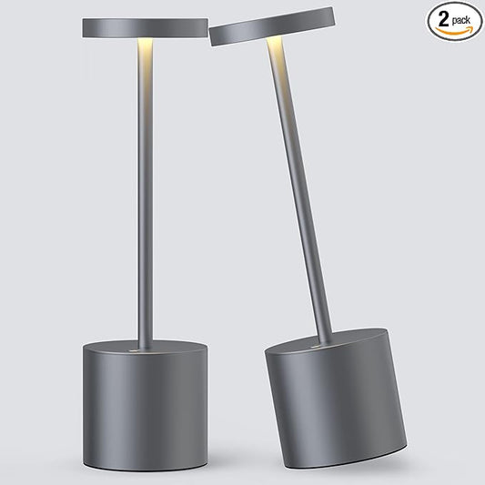 2Pack Cordless Table Lamp, Rechargeable LED Battery 5000mAh Metal USB Portable Powered Desk Lamp, 3 Levels Brightness Light for Restaurants Outdoor (2pack 10.25in Grey)
