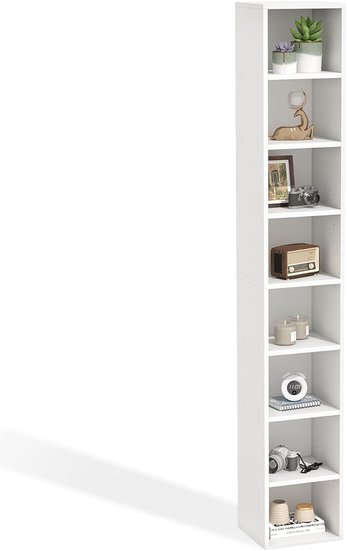 8-Tier Narrow Bookshelf, 71.5" Tall Corner Bookcase, Modern Book Shelf with Storage Space, Wooden Display Storage Shelves for Bedroom, Living Room and Office, White