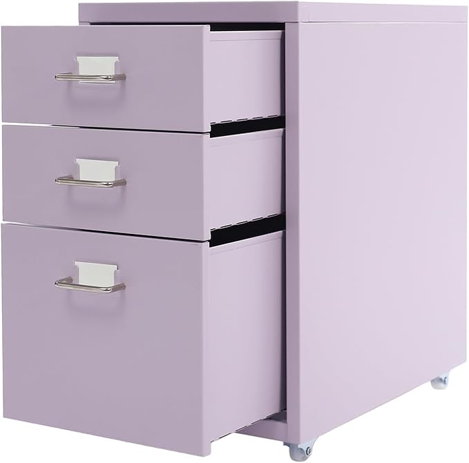 Filing Cabinet with 3 Drawers, Mobile Filing Cabinet with Practical Label Slot, 16 * 11 * 18.9 in Metal Storage Cabinet with Wheels for Home and Office (Purple)